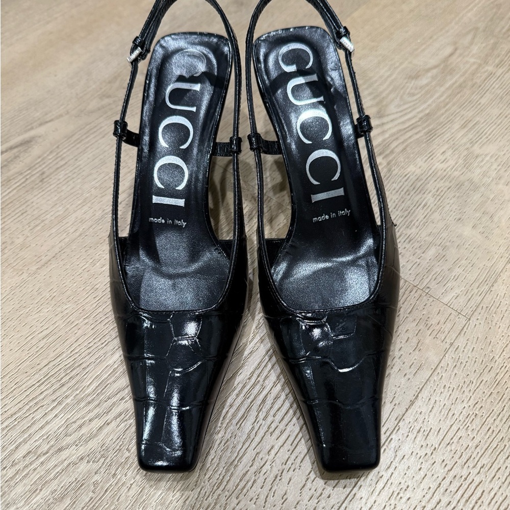 Gucci Black Croc-Embossed Slingback Heels